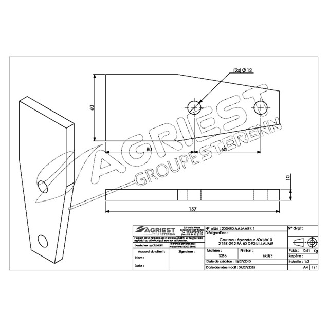 Couteau Epandeur 157X60X10 2 TRS Ø12 Adaptable Deguillaume référence fournisseur 205480